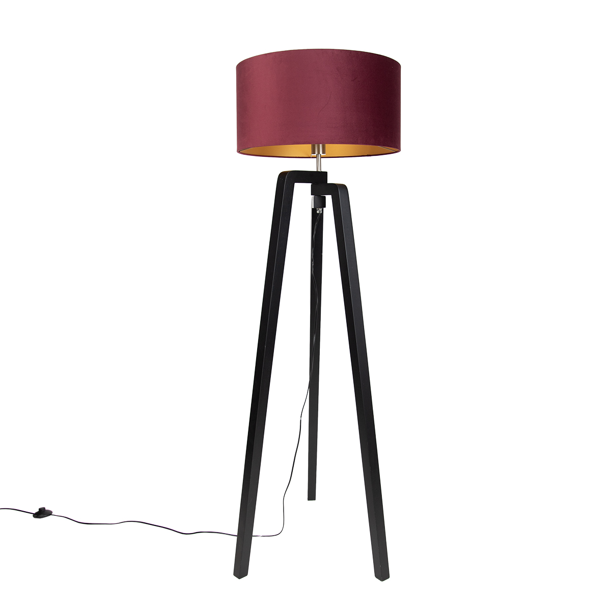 Vloerlamp zwart tripod met kap rood met gouden binnenkant 50cm - Puros